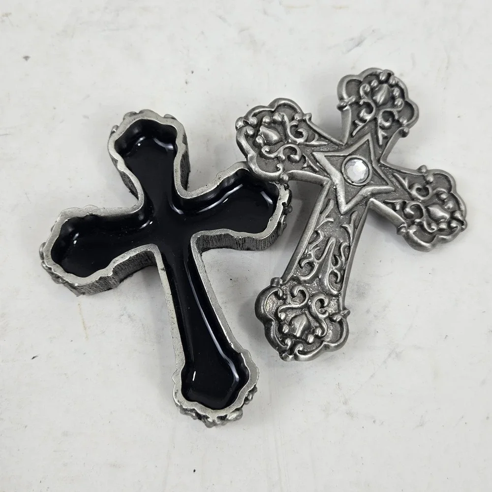 VTG  Pewter Color Ganz Cross Trinket Jewelry Prayer Box Black Enamel Lined MINT